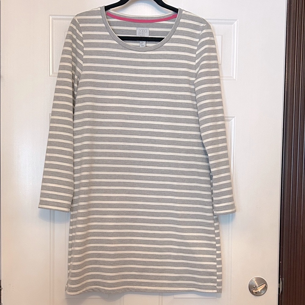 Paraphrase Striped Cotton LS Dress M Gray/White Nautical Casual Basic Timeless